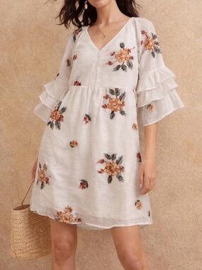 fig and flower White Midi Dress with Orange Floral Embroidery